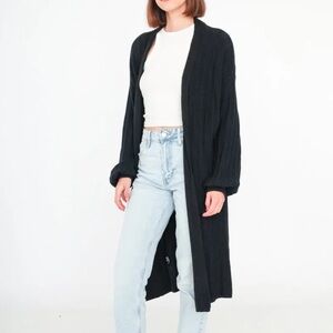 ShopEvelynne Black Open-Front Long Ribbed Cardigan